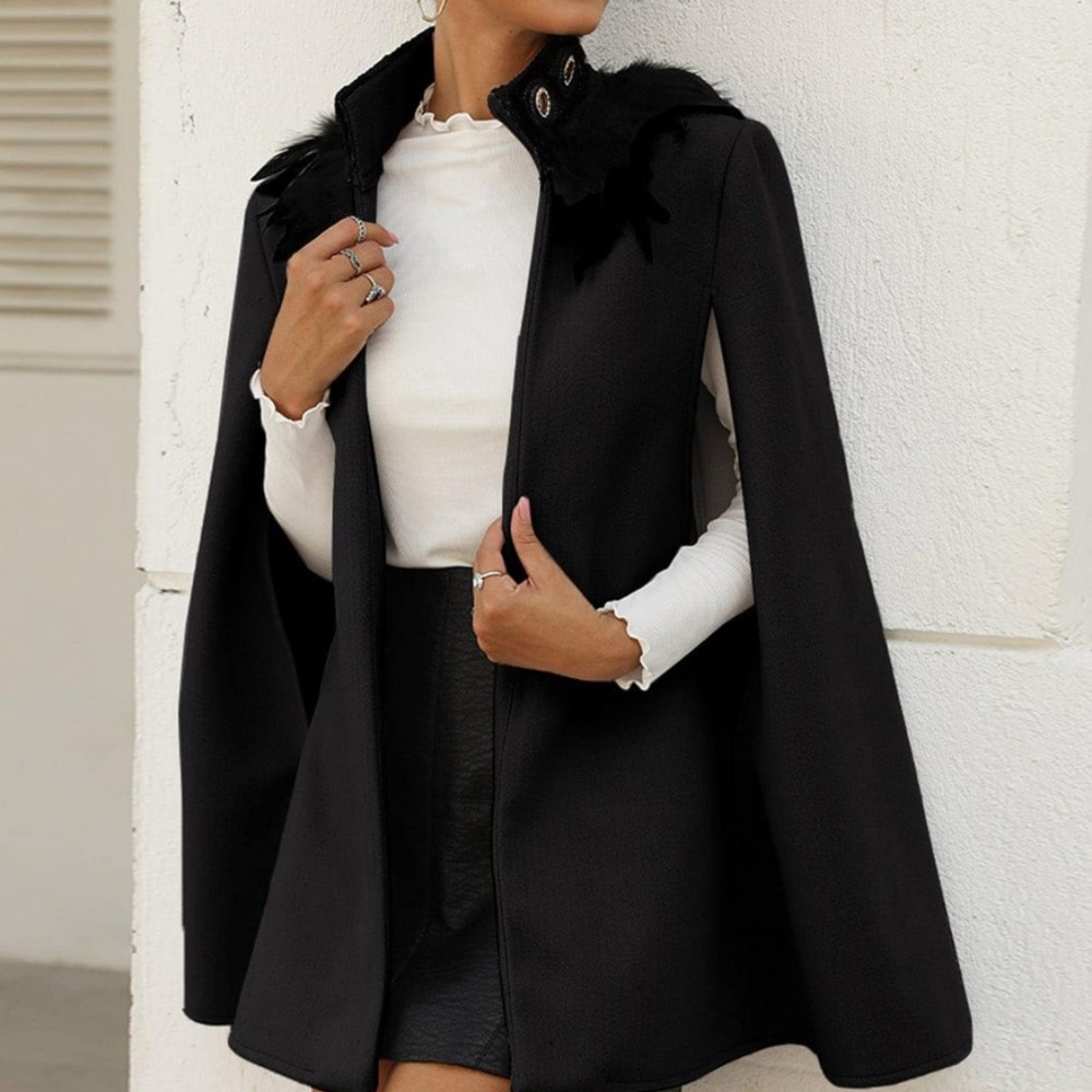 Grey Feather Trim Open Front Cape Jacket - Picture 6 of 11